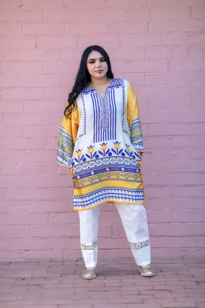 White Silk Printed Kurti - Shirt - Khaddi