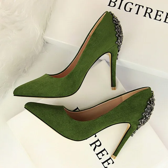 Women high heels Party wedding shoes 2020 crystal string bead Glitter pumps Elegant Sexy pump Dance club Flock red pointed toe