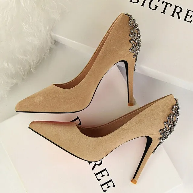Women high heels Party wedding shoes 2020 crystal string bead Glitter pumps Elegant Sexy pump Dance club Flock red pointed toe