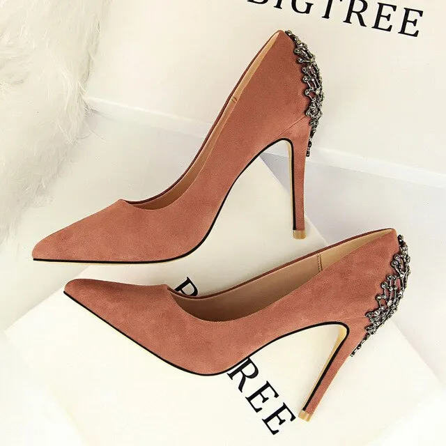 Women high heels Party wedding shoes 2020 crystal string bead Glitter pumps Elegant Sexy pump Dance club Flock red pointed toe