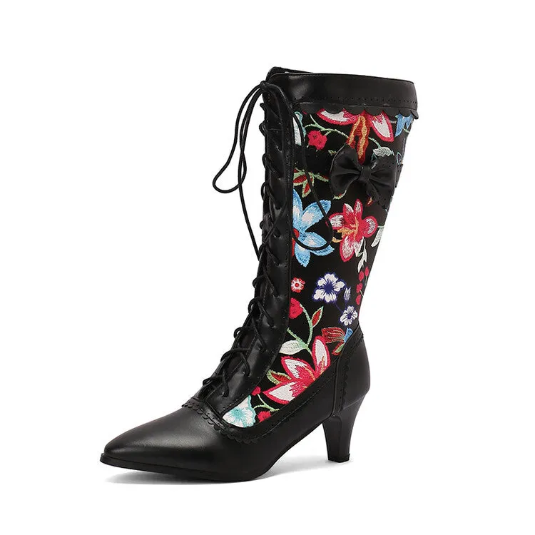 Women's Flowers Printed Lace-Up Pointed Toe Spike Heel Mid Calf Boots